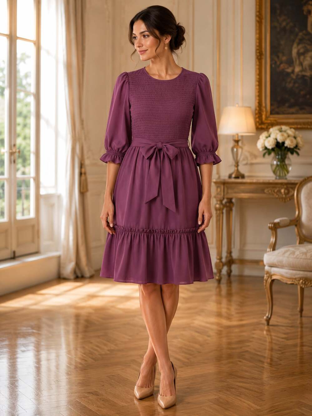 Rachel Parcell Burgundy Smocked Long Sleeve Tie Waist Mini Dress Large